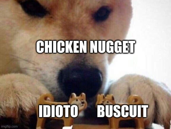 buscuits and nuggets | CHICKEN NUGGET; IDIOTO; BUSCUIT | image tagged in doge matches two toy dogs | made w/ Imgflip meme maker