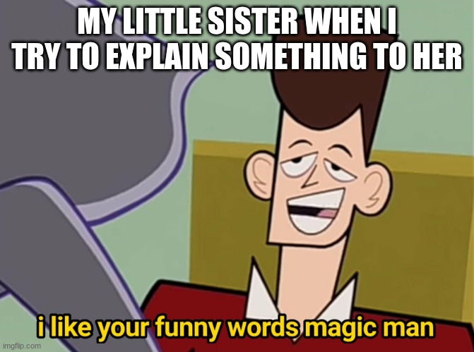 This is true. | MY LITTLE SISTER WHEN I TRY TO EXPLAIN SOMETHING TO HER | image tagged in i like your funny words magic man | made w/ Imgflip meme maker