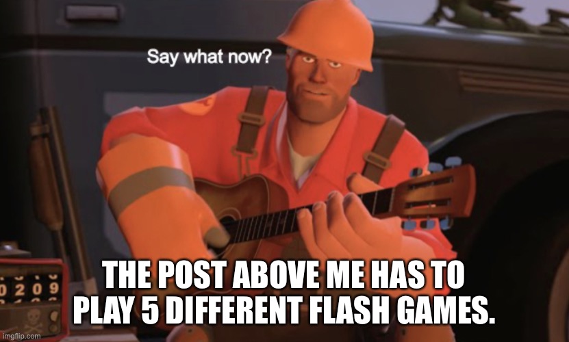 Say what now? | THE POST ABOVE ME HAS TO PLAY 5 DIFFERENT FLASH GAMES. | image tagged in say what now | made w/ Imgflip meme maker