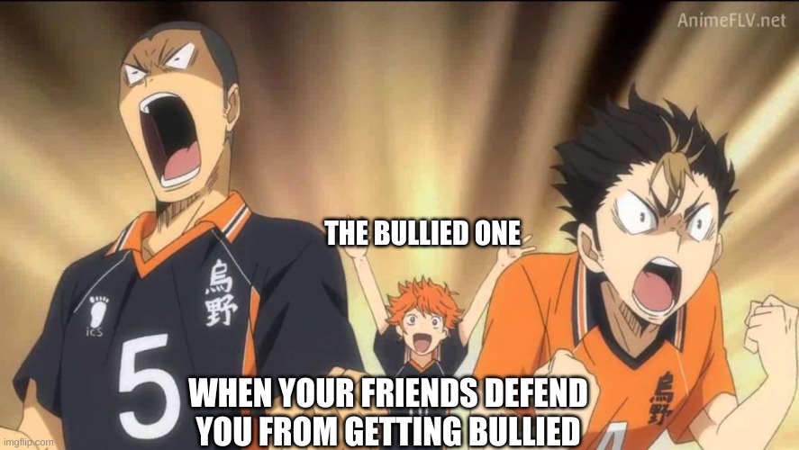 So True | THE BULLIED ONE; WHEN YOUR FRIENDS DEFEND YOU FROM GETTING BULLIED | image tagged in haikyuu template | made w/ Imgflip meme maker