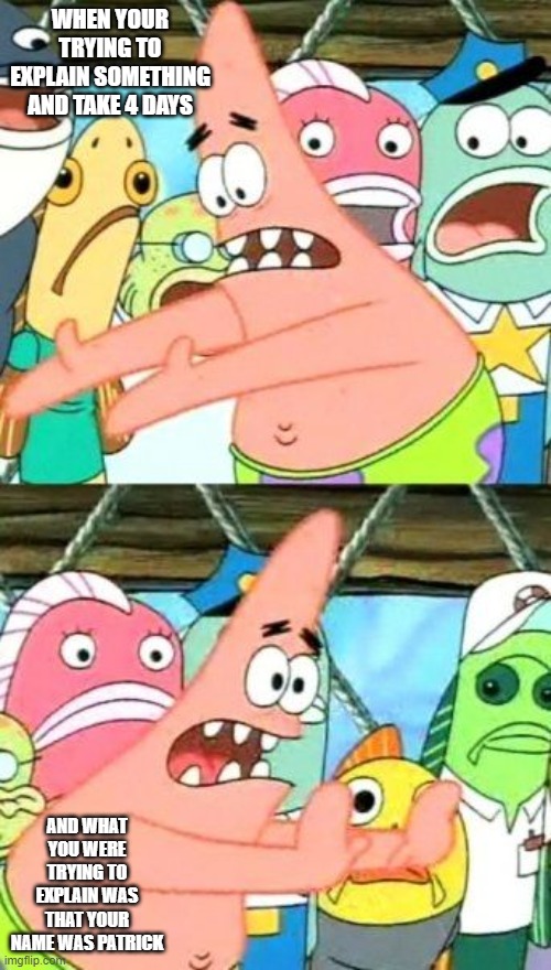 Put It Somewhere Else Patrick | WHEN YOUR TRYING TO EXPLAIN SOMETHING AND TAKE 4 DAYS; AND WHAT YOU WERE TRYING TO EXPLAIN WAS THAT YOUR NAME WAS PATRICK | image tagged in memes,put it somewhere else patrick | made w/ Imgflip meme maker