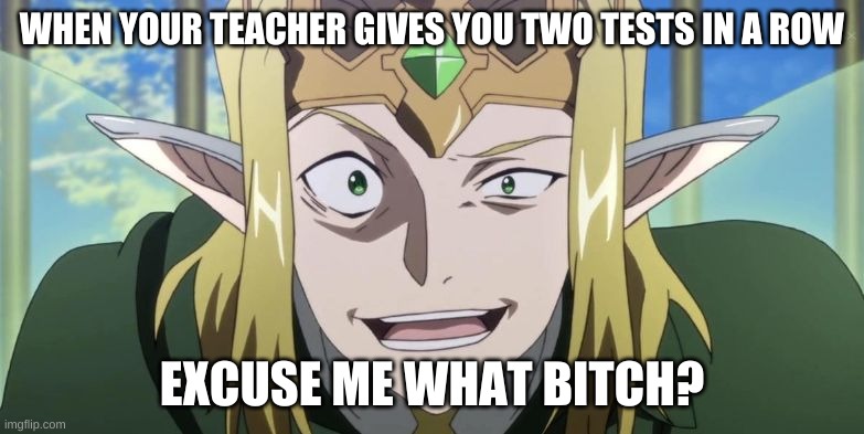 Two Tests | WHEN YOUR TEACHER GIVES YOU TWO TESTS IN A ROW; EXCUSE ME WHAT BITCH? | image tagged in sao for really big mistakes | made w/ Imgflip meme maker