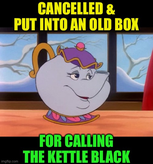 Beauty & the Beasts Mrs Potts runs afoul of woke culture. | CANCELLED & PUT INTO AN OLD BOX; FOR CALLING THE KETTLE BLACK | image tagged in mrs potts,sayings,woke,cancel culture,dark humour | made w/ Imgflip meme maker