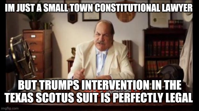 Politics and stuff | IM JUST A SMALL TOWN CONSTITUTIONAL LAWYER; BUT TRUMPS INTERVENTION IN THE TEXAS SCOTUS SUIT IS PERFECTLY LEGAL | image tagged in small town x lawyer | made w/ Imgflip meme maker