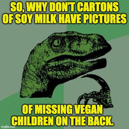 Vegan | SO, WHY DON’T CARTONS OF SOY MILK HAVE PICTURES; OF MISSING VEGAN CHILDREN ON THE BACK. | image tagged in memes,philosoraptor | made w/ Imgflip meme maker