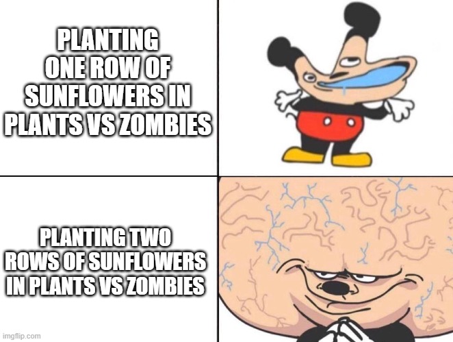 my Iq is better than yours | PLANTING ONE ROW OF SUNFLOWERS IN PLANTS VS ZOMBIES; PLANTING TWO ROWS OF SUNFLOWERS IN PLANTS VS ZOMBIES | image tagged in mickey big brain | made w/ Imgflip meme maker