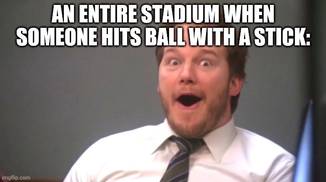 Woah | AN ENTIRE STADIUM WHEN SOMEONE HITS BALL WITH A STICK: | image tagged in chris pratt happy | made w/ Imgflip meme maker