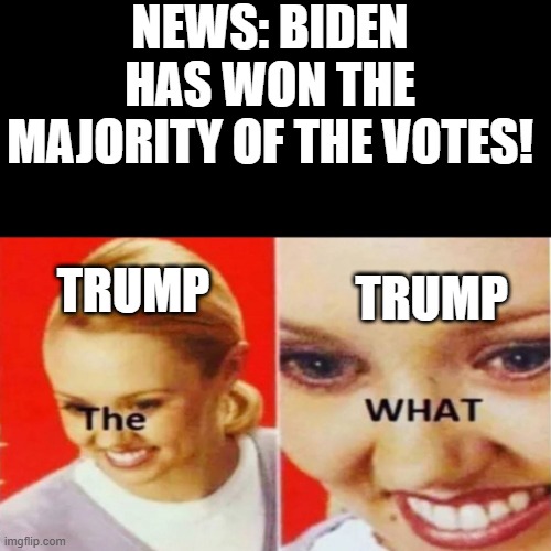This meme kinda old cause i forgot to post | NEWS: BIDEN HAS WON THE MAJORITY OF THE VOTES! TRUMP; TRUMP | image tagged in the what | made w/ Imgflip meme maker