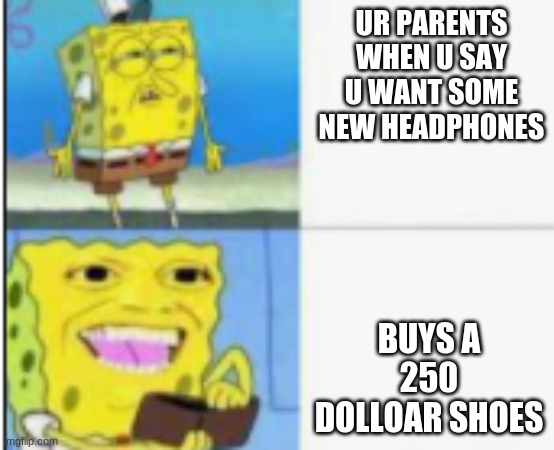 parents in anutshell | UR PARENTS WHEN U SAY U WANT SOME NEW HEADPHONES; BUYS A 250 DOLLOAR SHOES | image tagged in memes | made w/ Imgflip meme maker