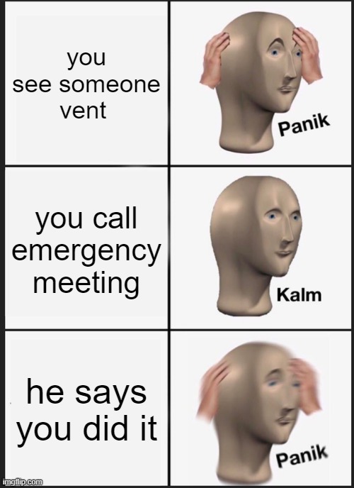 you see someone vent you call emergency meeting he says you did it | image tagged in memes,panik kalm panik | made w/ Imgflip meme maker