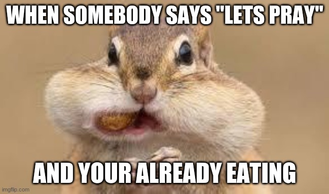 christian memes | WHEN SOMEBODY SAYS "LETS PRAY"; AND YOUR ALREADY EATING | image tagged in chipmunk | made w/ Imgflip meme maker