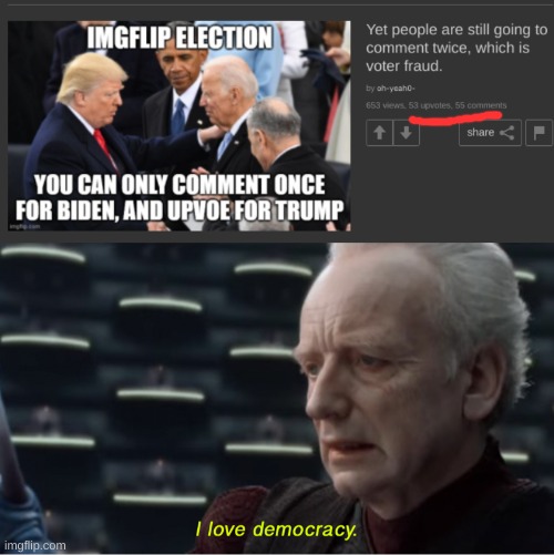 i love democracy (politics stream) | image tagged in i love democracy,memes,funny | made w/ Imgflip meme maker