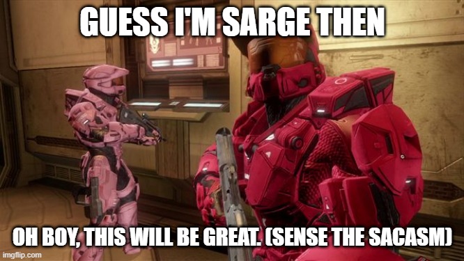 I wanted to be caboose | GUESS I'M SARGE THEN; OH BOY, THIS WILL BE GREAT. (SENSE THE SACASM) | image tagged in red vs blue sarge | made w/ Imgflip meme maker