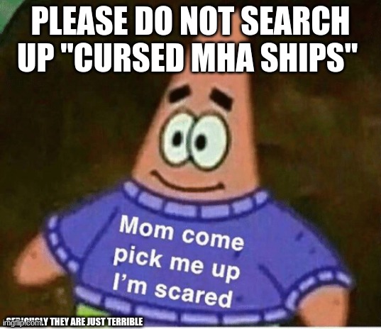 seriously I am scarred | PLEASE DO NOT SEARCH UP "CURSED MHA SHIPS"; SERIOUSLY THEY ARE JUST TERRIBLE | image tagged in mom come pick me up i'm scared | made w/ Imgflip meme maker