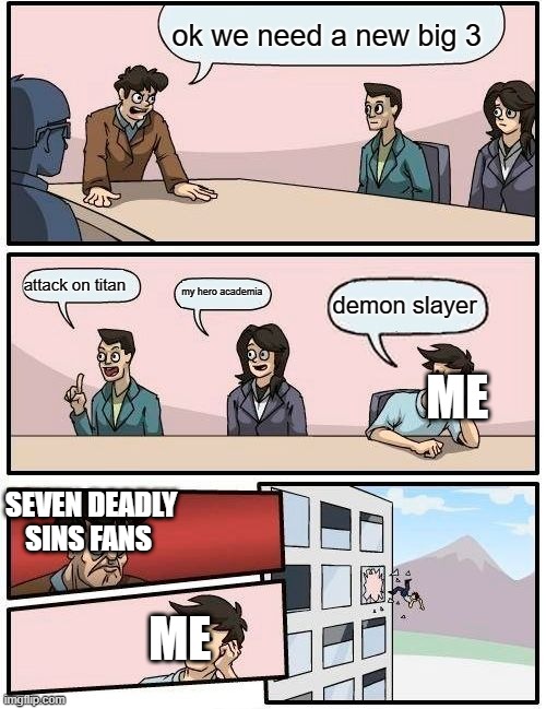 yo i love 7ds but i just think demon slayer is better | ok we need a new big 3; attack on titan; my hero academia; demon slayer; ME; SEVEN DEADLY SINS FANS; ME | image tagged in memes,boardroom meeting suggestion | made w/ Imgflip meme maker
