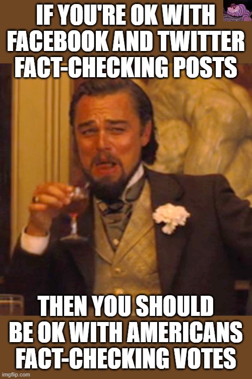 Seems only fair. | IF YOU'RE OK WITH FACEBOOK AND TWITTER FACT-CHECKING POSTS; THEN YOU SHOULD BE OK WITH AMERICANS FACT-CHECKING VOTES | image tagged in memes,laughing leo | made w/ Imgflip meme maker