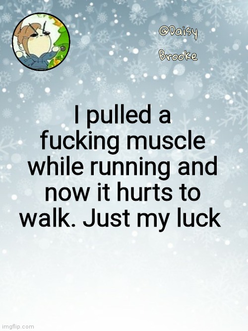 I can't bend over either | I pulled a fucking muscle while running and now it hurts to walk. Just my luck | image tagged in daisy's christmas template | made w/ Imgflip meme maker