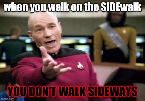 the sidewalk | when you walk on the SIDEwalk; YOU DON'T WALK SIDEWAYS | image tagged in memes,picard wtf | made w/ Imgflip meme maker