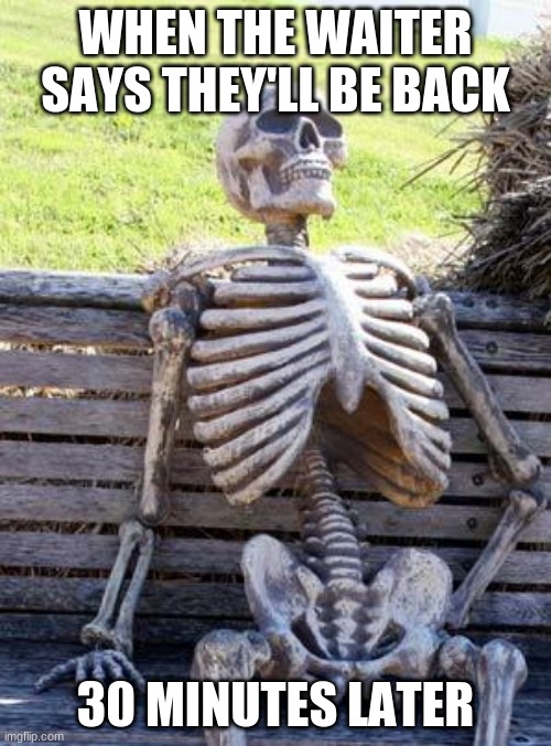 Waiting Skeleton Meme | WHEN THE WAITER SAYS THEY'LL BE BACK; 30 MINUTES LATER | image tagged in memes,waiting skeleton | made w/ Imgflip meme maker