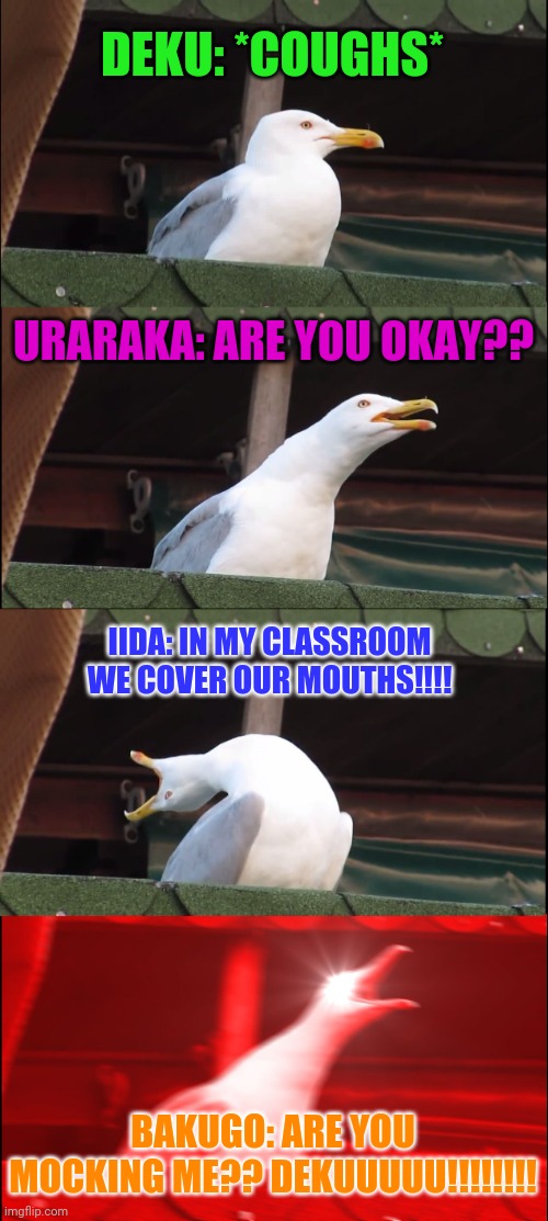 Inhaling Seagull | DEKU: *COUGHS*; URARAKA: ARE YOU OKAY?? IIDA: IN MY CLASSROOM WE COVER OUR MOUTHS!!!! BAKUGO: ARE YOU MOCKING ME?? DEKUUUUU!!!!!!!! | image tagged in memes,inhaling seagull | made w/ Imgflip meme maker