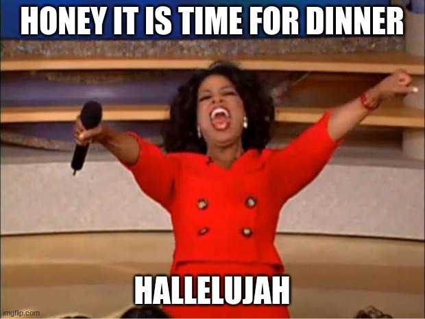 Oprah You Get A Meme | HONEY IT IS TIME FOR DINNER; HALLELUJAH | image tagged in memes,oprah you get a | made w/ Imgflip meme maker