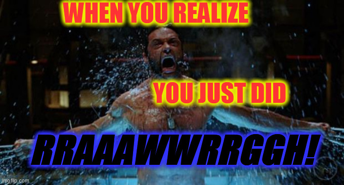 WOLVERINE | WHEN YOU REALIZE                                                                                     YOU JUST DID RRAAAWWRRGGH! | image tagged in wolverine | made w/ Imgflip meme maker