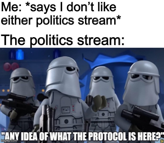 Besides scream and yell like babies? Idk. | Me: *says I don’t like either politics stream*; The politics stream: | image tagged in had the guts to post it,in the politics stream | made w/ Imgflip meme maker