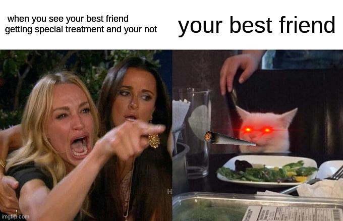 when karen's don't get special treatment and there friends do |  when you see your best friend getting special treatment and your not; your best friend | image tagged in memes,woman yelling at cat | made w/ Imgflip meme maker