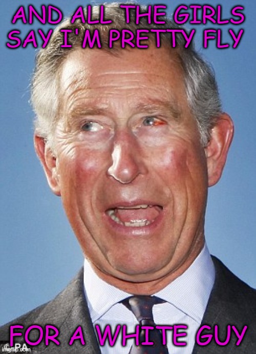 Prince Charles pretty fly | AND ALL THE GIRLS SAY I'M PRETTY FLY; FOR A WHITE GUY | image tagged in prince charles,pretty | made w/ Imgflip meme maker