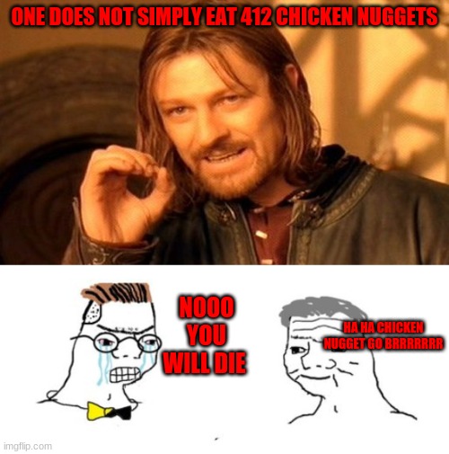 ONE DOES NOT SIMPLY EAT 412 CHICKEN NUGGETS; NOOO YOU WILL DIE; HA HA CHICKEN NUGGET GO BRRRRRRR | image tagged in memes,one does not simply | made w/ Imgflip meme maker