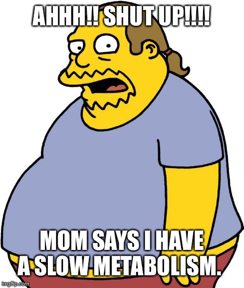Comic Book Guy |  AHHH!! SHUT UP!!!! MOM SAYS I HAVE A SLOW METABOLISM. | image tagged in memes,comic book guy | made w/ Imgflip meme maker