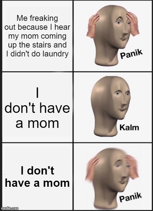 big panik | Me freaking out because I hear my mom coming up the stairs and I didn't do laundry; I don't have a mom; I don't have a mom | image tagged in memes,panik kalm panik | made w/ Imgflip meme maker