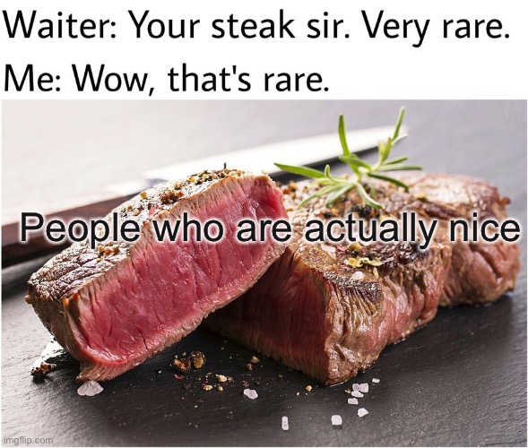 very rare indeed | People who are actually nice | image tagged in rare steak meme | made w/ Imgflip meme maker