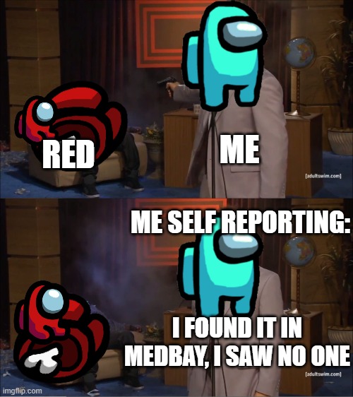 I saw no one, skip | ME; RED; ME SELF REPORTING:; I FOUND IT IN MEDBAY, I SAW NO ONE | image tagged in memes,who killed hannibal | made w/ Imgflip meme maker