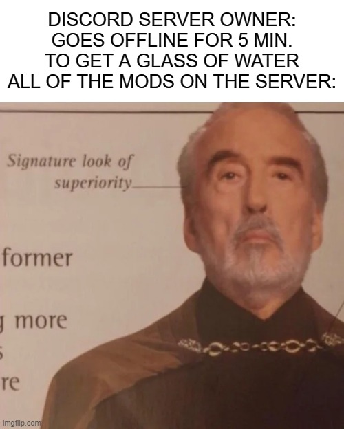 So true though | DISCORD SERVER OWNER: GOES OFFLINE FOR 5 MIN. TO GET A GLASS OF WATER
ALL OF THE MODS ON THE SERVER: | image tagged in memes,signature look of superiority | made w/ Imgflip meme maker