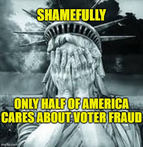 Shmefully, only half of America cares about voter fraud | SHAMEFULLY; ONLY HALF OF AMERICA CARES ABOUT VOTER FRAUD | image tagged in voter fraud,political meme,election fraud,lady liberty,fair elections,banana republic | made w/ Imgflip meme maker