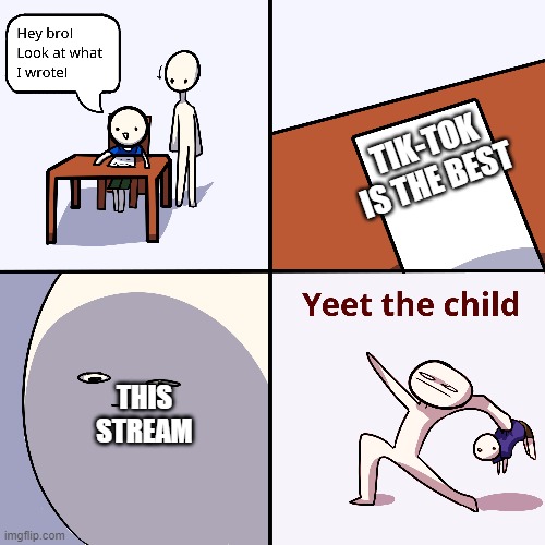 Yeet the child | TIK-TOK IS THE BEST; THIS STREAM | image tagged in yeet the child | made w/ Imgflip meme maker