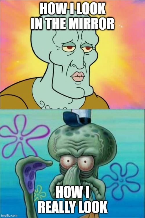 Squidward | HOW I LOOK IN THE MIRROR; HOW I REALLY LOOK | image tagged in memes,squidward | made w/ Imgflip meme maker