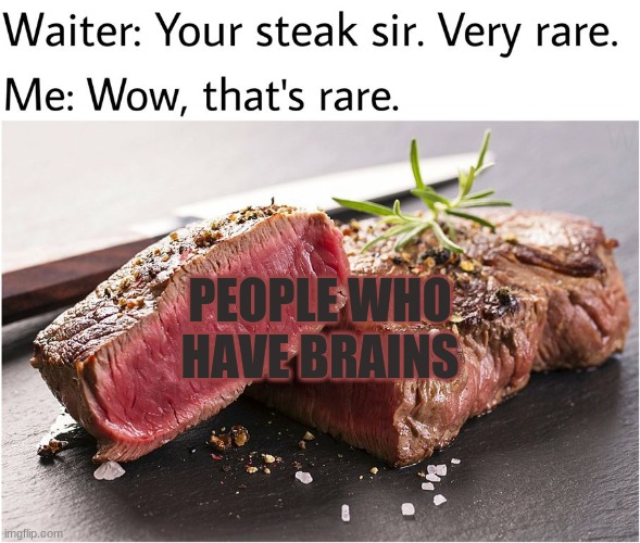 funny meme | PEOPLE WHO HAVE BRAINS | image tagged in rare steak meme | made w/ Imgflip meme maker
