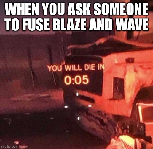 *is running* | WHEN YOU ASK SOMEONE TO FUSE BLAZE AND WAVE | image tagged in you will die in 0 05 | made w/ Imgflip meme maker