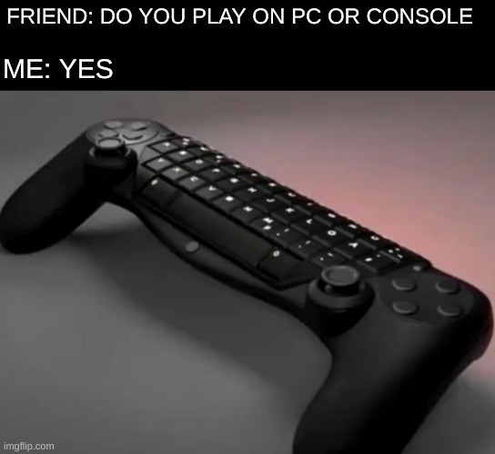 Pconsole |  FRIEND: DO YOU PLAY ON PC OR CONSOLE; ME: YES | image tagged in memes,funny,gaming,pandaboyplaysyt | made w/ Imgflip meme maker