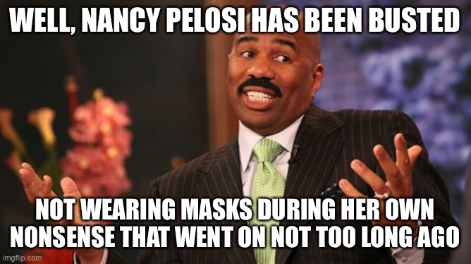 Steve Harvey Meme | WELL, NANCY PELOSI HAS BEEN BUSTED NOT WEARING MASKS DURING HER OWN NONSENSE THAT WENT ON NOT TOO LONG AGO | image tagged in memes,steve harvey | made w/ Imgflip meme maker