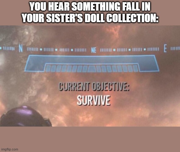 Too bad, I already had a heart attack | YOU HEAR SOMETHING FALL IN YOUR SISTER'S DOLL COLLECTION: | image tagged in current objective survive | made w/ Imgflip meme maker