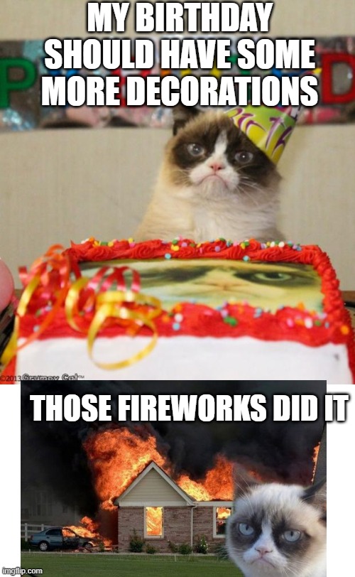 My birthday | MY BIRTHDAY SHOULD HAVE SOME MORE DECORATIONS; THOSE FIREWORKS DID IT | image tagged in memes,grumpy cat birthday,grumpy cat | made w/ Imgflip meme maker