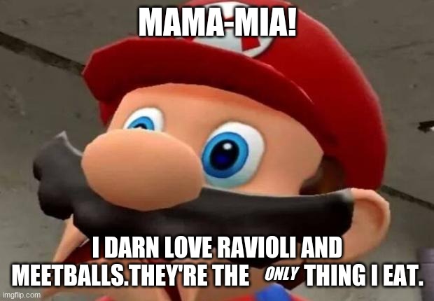 Mario WTF | MAMA-MIA! I DARN LOVE RAVIOLI AND MEETBALLS.THEY'RE THE            THING I EAT. ONLY | image tagged in mario wtf | made w/ Imgflip meme maker