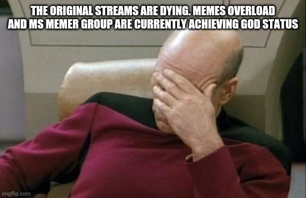 Captain Picard Facepalm Meme | THE ORIGINAL STREAMS ARE DYING. MEMES OVERLOAD AND MS MEMER GROUP ARE CURRENTLY ACHIEVING GOD STATUS | image tagged in memes,captain picard facepalm | made w/ Imgflip meme maker