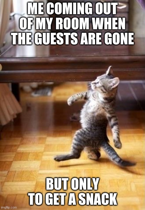 When the guests are gone... | ME COMING OUT OF MY ROOM WHEN THE GUESTS ARE GONE; BUT ONLY TO GET A SNACK | image tagged in memes,cool cat stroll | made w/ Imgflip meme maker