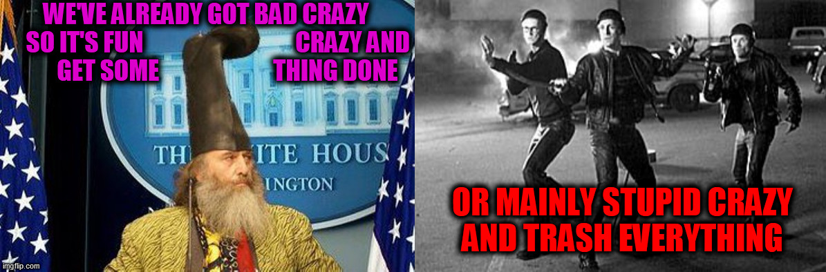 WE'VE ALREADY GOT BAD CRAZY
     SO IT'S FUN                                CRAZY AND
         GET SOME                        THING DONE OR | image tagged in vermin supreme for president,anarchists r bitches | made w/ Imgflip meme maker