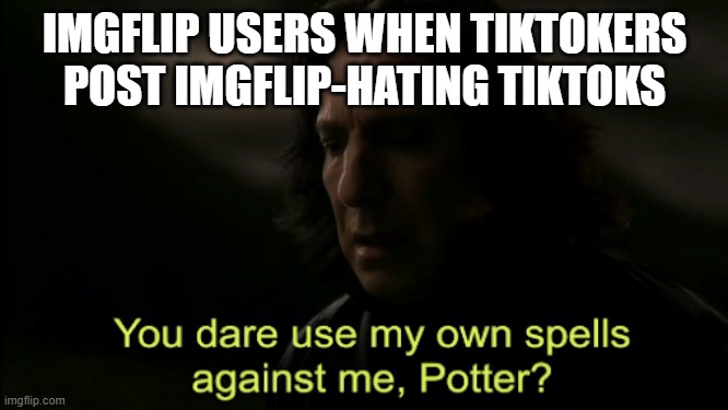 It's probally going to happen, considering how we've insulted them so much | IMGFLIP USERS WHEN TIKTOKERS POST IMGFLIP-HATING TIKTOKS | image tagged in you dare use my own spells against me,tiktok | made w/ Imgflip meme maker