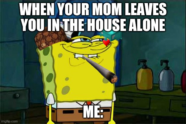 hehe | WHEN YOUR MOM LEAVES YOU IN THE HOUSE ALONE; ME: | image tagged in memes,don't you squidward | made w/ Imgflip meme maker